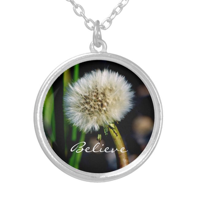 Make a Wish, Believe, Dandelion Silver Plated Necklace (Front)