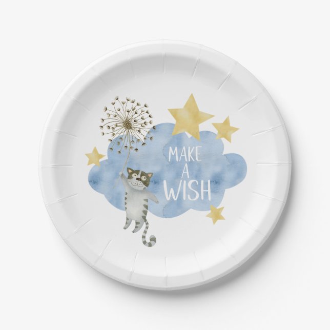 Make A Wish Cat Stars Cloud Birthday Party Paper Plates (Front)