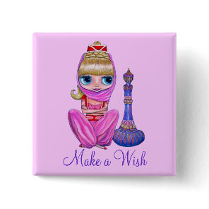 Make a Wish Cute Little Big Eye Genie Girl in Pink Pinback Button