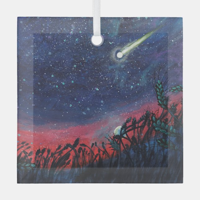 Make a Wish on a Shooting Star Illustration Glass Ornament (Front)