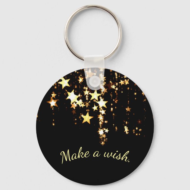 Make a Wish on Falling Gold Stars on Black Keychain (Front)