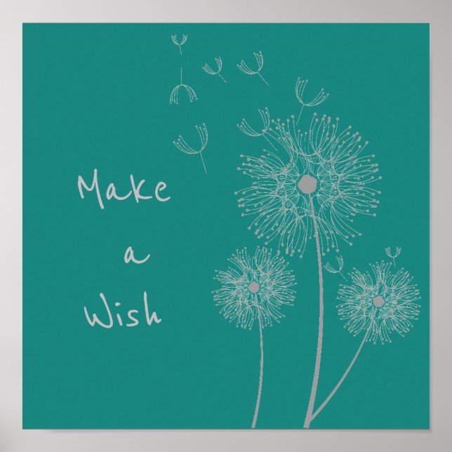 Make a wish quote Dandelion flower on teal art Poster (Front)