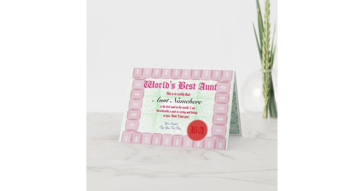 Make A World S Best Aunt Certificate Award Card Zazzle Com