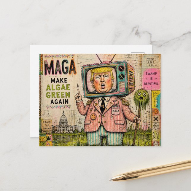 Make Algae Green Again Mixed Media Funny Collage Postcard (Front/Back In Situ)