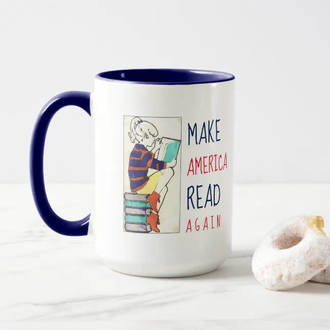 Make America Read Again Literacy White & Blue Mug (With Donut)