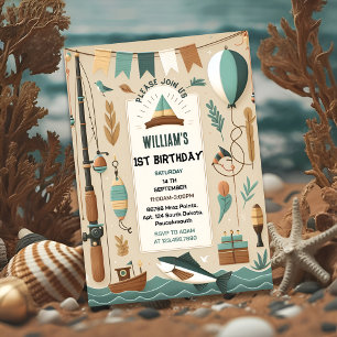 make boat cute boy Fish ofishally one 1st Birthday Invitation