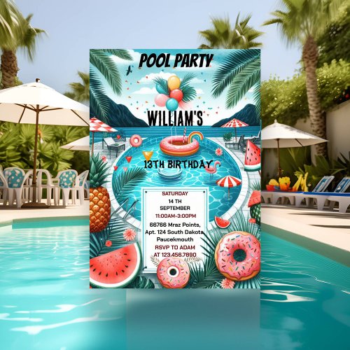 make boy water blue Cool Pool Party 13th Birthday Invitation
