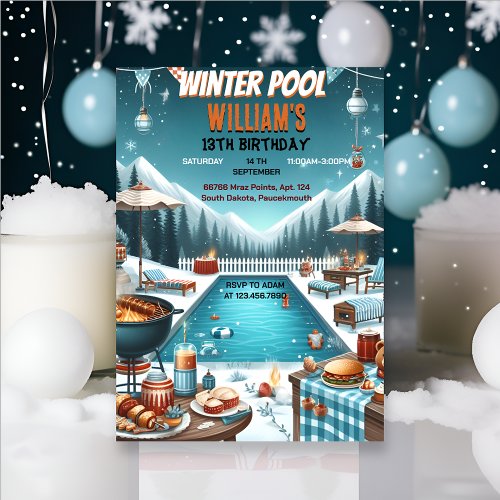 make bruh Barbeque Winter Pool Party 13th birthday Invitation