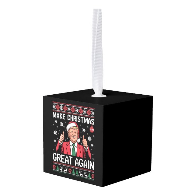 Make Christmas Great Again Trump Pajamas Ugly Xmas Cube Ornament (Back Angled)