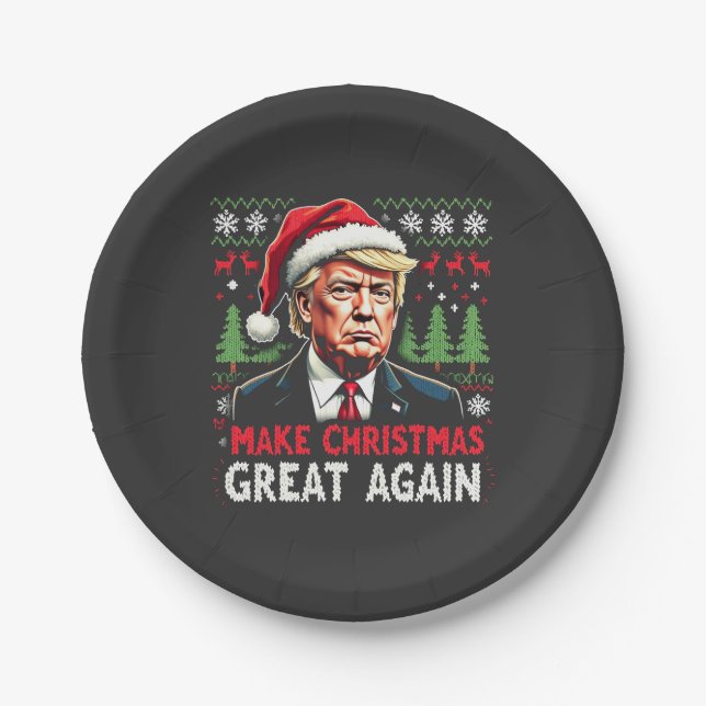 Make Christmas Great Again Ugly Xmas Sweater Trump Paper Plates (Front)