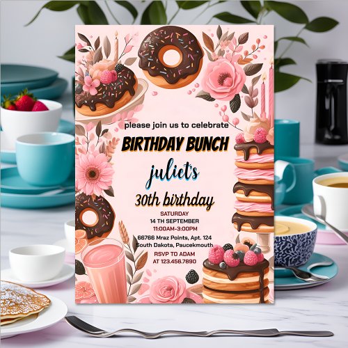 make Donut pancake adult pink Brunch 30th Birthday Invitation