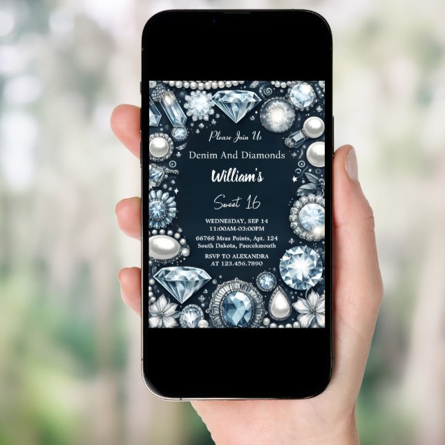 Make Elegant Gem Bling Denim And Diamonds Sweet 16 Invitation (Front Digital)