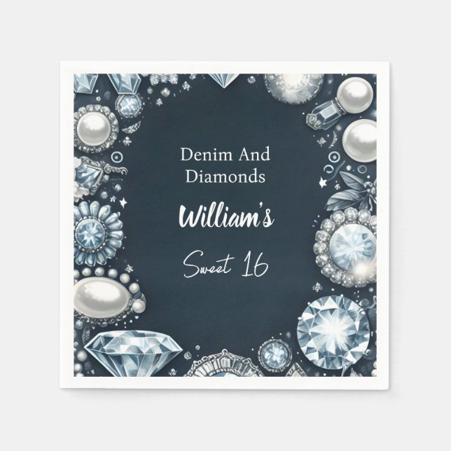 Make Elegant Gem Bling Denim And Diamonds Sweet 16 Napkins (Front)