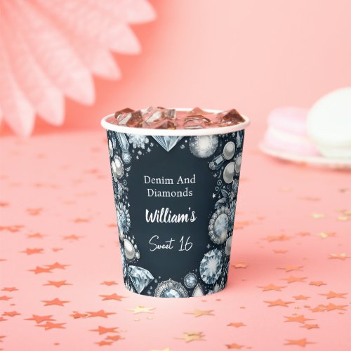 Make Elegant Gem Bling Denim And Diamonds Sweet 16 Paper Cups