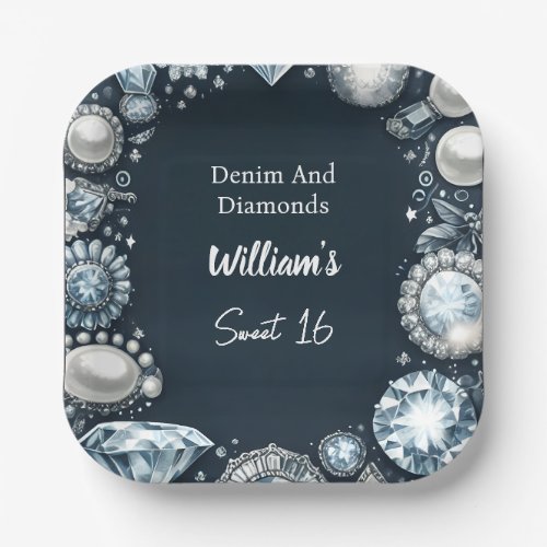 Make Elegant Gem Bling Denim And Diamonds Sweet 16 Paper Plates