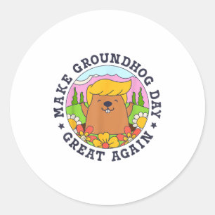 Make Groundhog Day Great Again Funny Trump Rainbow Classic Round Sticker