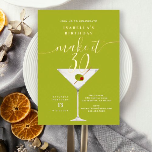 Make It 30 Dirty Martini 30th Birthday Party Gold Foil Invitation