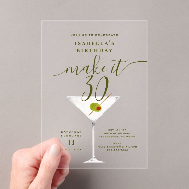Make It 30 Olive Dirty Martini 30th Birthday Party Acrylic Invitations (Insitu (Handheld))