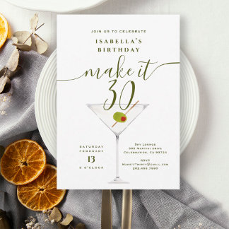 Make It 30 White Dirty Martini 30th Birthday Party Invitation