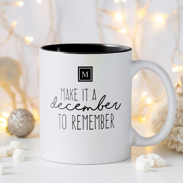 Make it a December Remember Holiday Inspirational Two-Tone Coffee Mug (Make it a December to remember in fun modern typography you are able to personalize with monogram. )