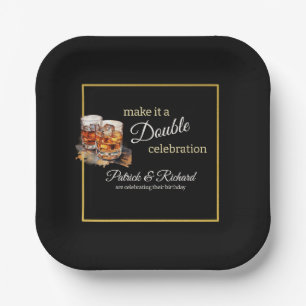 Make it a Double Celebration Black Whiskey Glass Paper Plates