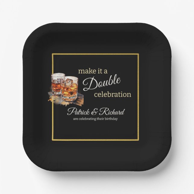 Make it a Double Celebration Black Whiskey Glass Paper Plates (Front)