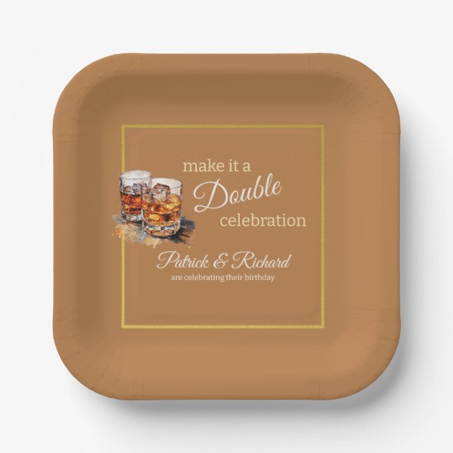 Make it a Double Celebration Brown Whiskey Glass Paper Plates (Front)