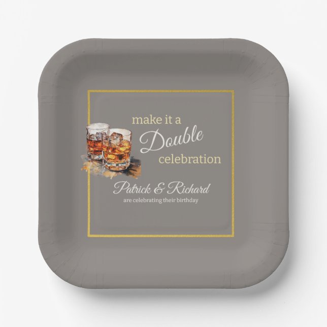 Make it a Double Celebration Grey Whiskey Glass Paper Plates (Front)