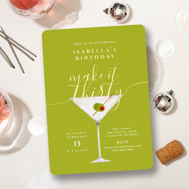 Make It Thirty Green Martini 30th Birthday Gold Foil Invitation (Creator Uploaded)