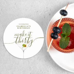Make It Thirty Olive Martini 30th Birthday Party Round Paper Coaster