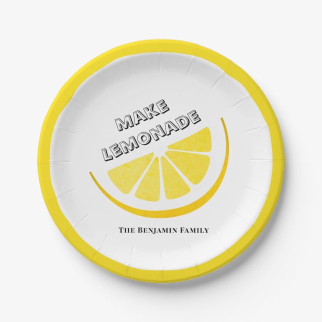 Make Lemonade Yellow Lemons Pattern Personalize Paper Plates (Front)