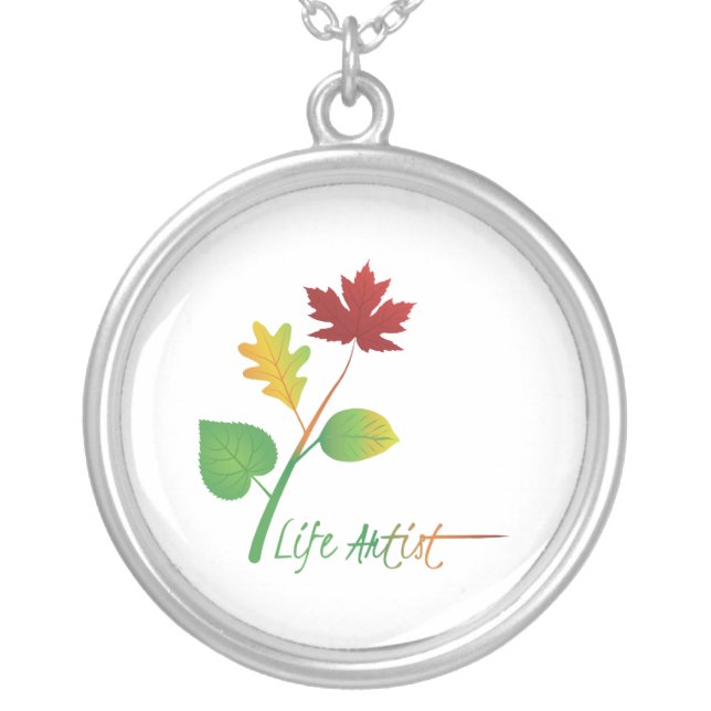 Make Life Art: Life Artist, Leaves, Inspirational Silver Plated Necklace (Front)
