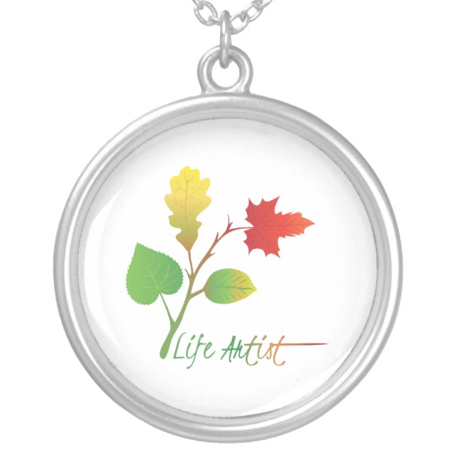 Make Life Art: Life Artist, Leaves, Motivational Silver Plated Necklace (Front)
