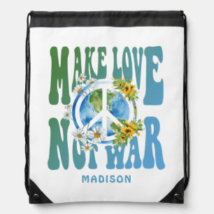 Make Love Not War Floral World Peace Sign Add Name Drawstring Bag