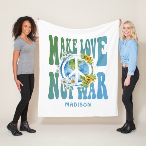 Make Love Not War Floral World Peace Sign Add Name Fleece Blanket