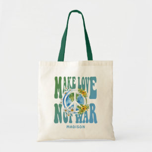Make Love Not War Floral World Peace Sign Add Name Tote Bag