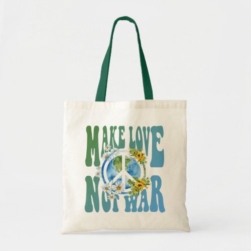 Make Love Not War Retro Hippie Floral Peace Sign Tote Bag