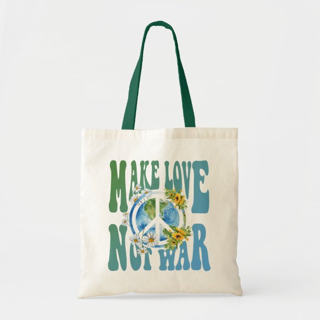Make Love Not War Retro Hippie Floral Peace Sign Tote Bag (Front)