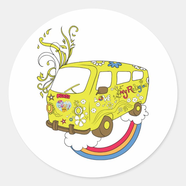 Make Love Not War Van ~ 60s Hippie Peace Sign Classic Round Sticker (Front)