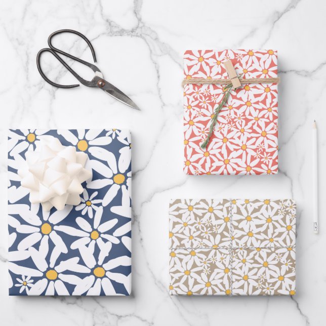 Make My Daisy - Navy, Coral, Mocha Wrapping Paper Sheets (Front)