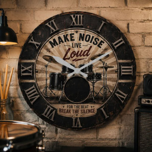Make Noise Live Loud Vintage Drum Set Music Large Clock