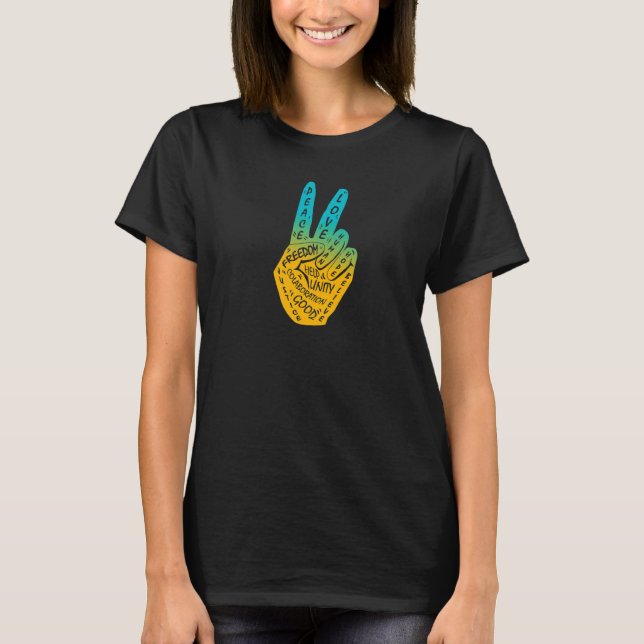 Make Peace Not War  Peace Hand Sign Blue Yellow T-Shirt (Front)