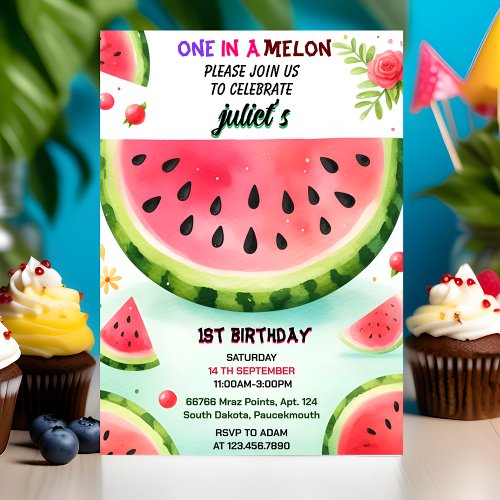 make pink summer one in a melon first 1st birthday invitation