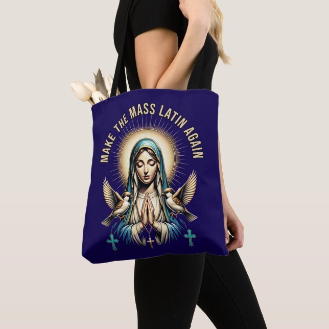 Make the Mass Latin Again Virgin Mary Tote Bag (Close Up)