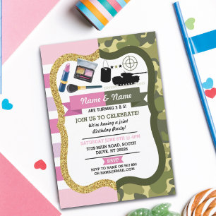 Make Up & Army Boy Girl Birthday Shared Party Invitation