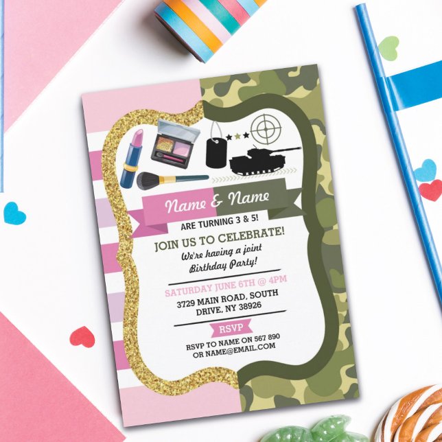 Make Up & Army Boy Girl Birthday Shared Party Invitation (Creator Uploaded)