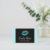 Make Up Artist Black and Teal Glitter Kiss Business Card (Standing Front)