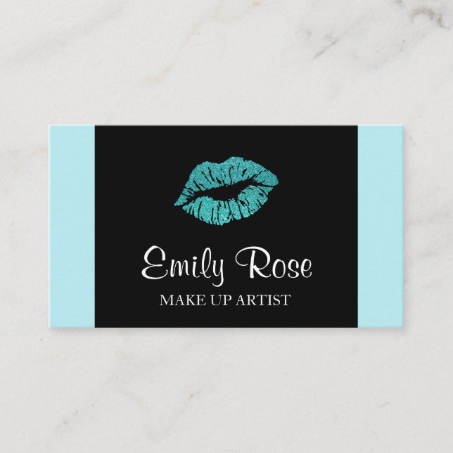 Make Up Artist Black and Teal Glitter Kiss Business Card (Front)
