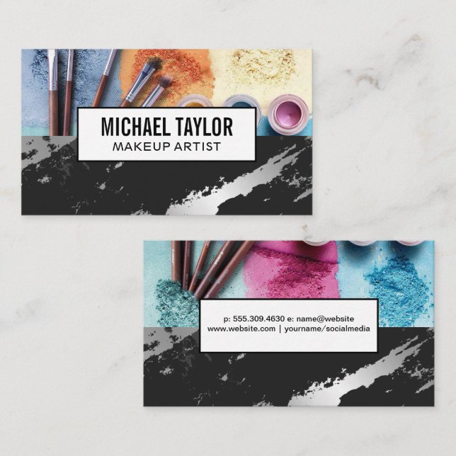 Make Up Brushes and Foundation | Black Marble Business Card (Front/Back)