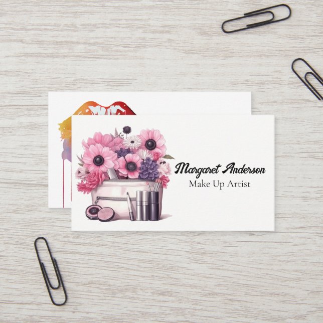 Make Up Cosmetics Brushes and Flowers Business Card (Front/Back In Situ)